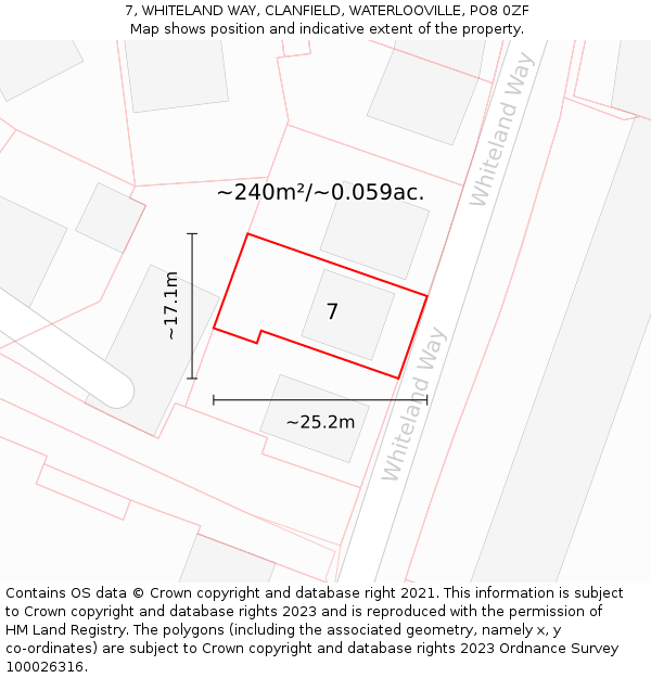 7, WHITELAND WAY, CLANFIELD, WATERLOOVILLE, PO8 0ZF: Plot and title map