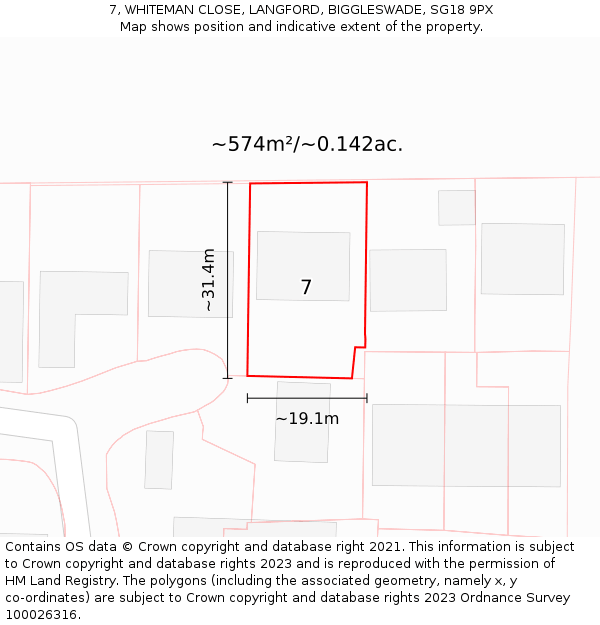 7, WHITEMAN CLOSE, LANGFORD, BIGGLESWADE, SG18 9PX: Plot and title map