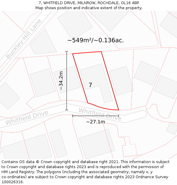 7, WHITFIELD DRIVE, MILNROW, ROCHDALE, OL16 4BP: Plot and title map