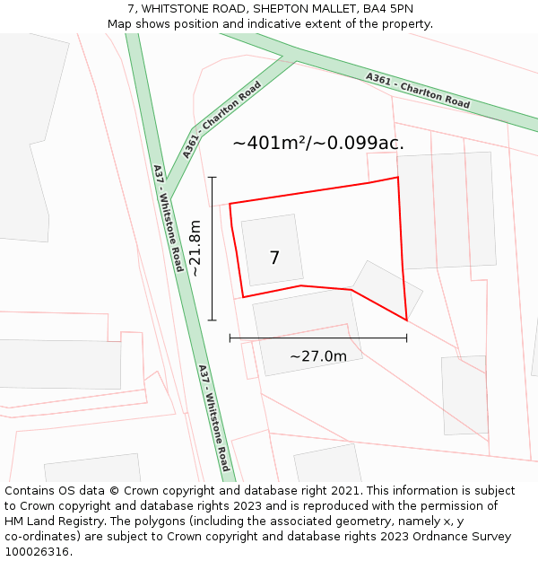 7, WHITSTONE ROAD, SHEPTON MALLET, BA4 5PN: Plot and title map