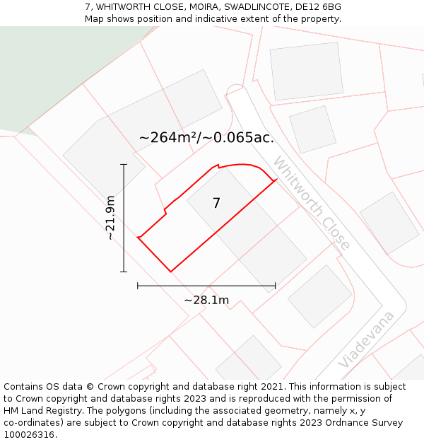 7, WHITWORTH CLOSE, MOIRA, SWADLINCOTE, DE12 6BG: Plot and title map