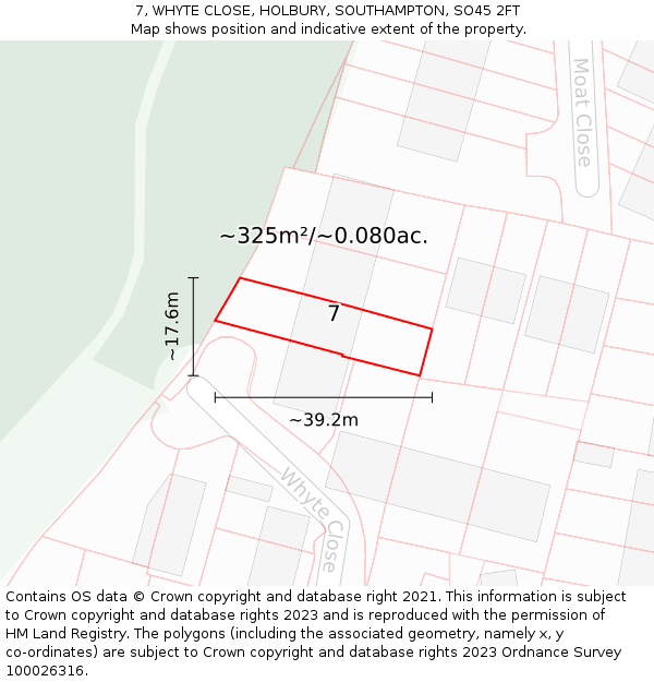 7, WHYTE CLOSE, HOLBURY, SOUTHAMPTON, SO45 2FT: Plot and title map