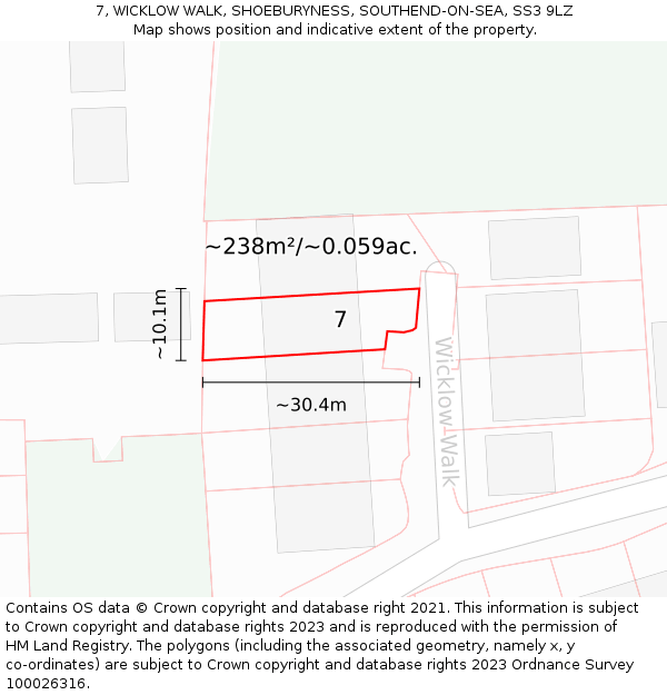 7, WICKLOW WALK, SHOEBURYNESS, SOUTHEND-ON-SEA, SS3 9LZ: Plot and title map