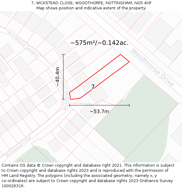 7, WICKSTEAD CLOSE, WOODTHORPE, NOTTINGHAM, NG5 4HF: Plot and title map