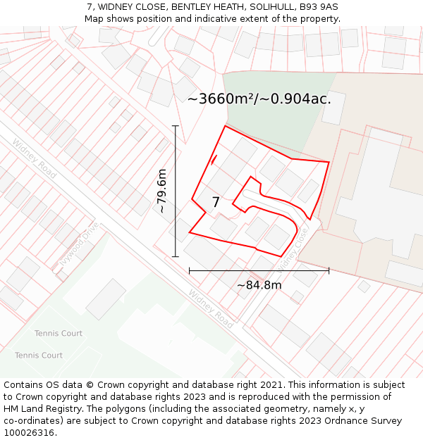 7, WIDNEY CLOSE, BENTLEY HEATH, SOLIHULL, B93 9AS: Plot and title map