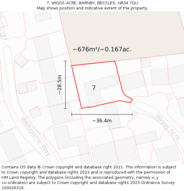 7, WIGGS ACRE, BARNBY, BECCLES, NR34 7QU: Plot and title map