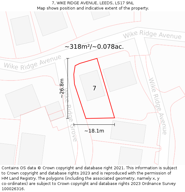 7, WIKE RIDGE AVENUE, LEEDS, LS17 9NL: Plot and title map