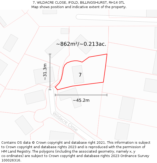 7, WILDACRE CLOSE, IFOLD, BILLINGSHURST, RH14 0TL: Plot and title map