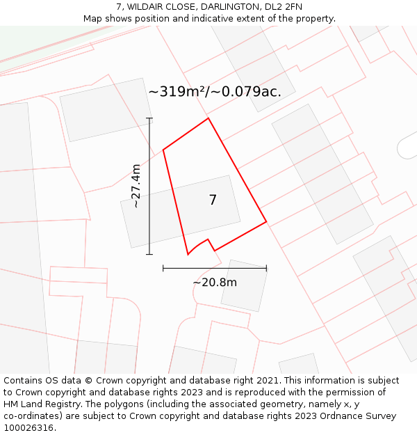 7, WILDAIR CLOSE, DARLINGTON, DL2 2FN: Plot and title map