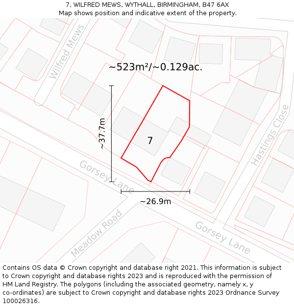 7, WILFRED MEWS, WYTHALL, BIRMINGHAM, B47 6AX: Plot and title map