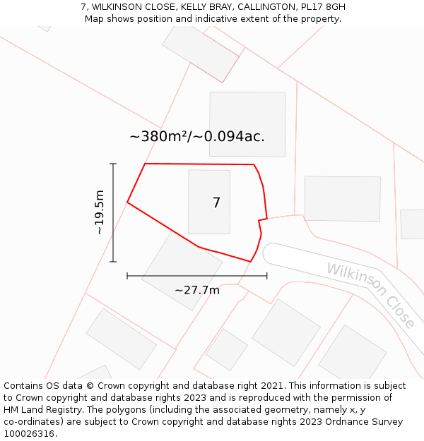 7, WILKINSON CLOSE, KELLY BRAY, CALLINGTON, PL17 8GH: Plot and title map