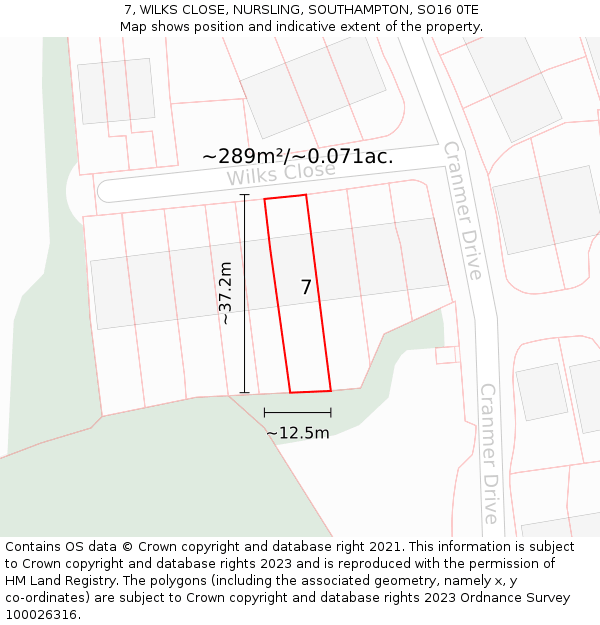 7, WILKS CLOSE, NURSLING, SOUTHAMPTON, SO16 0TE: Plot and title map