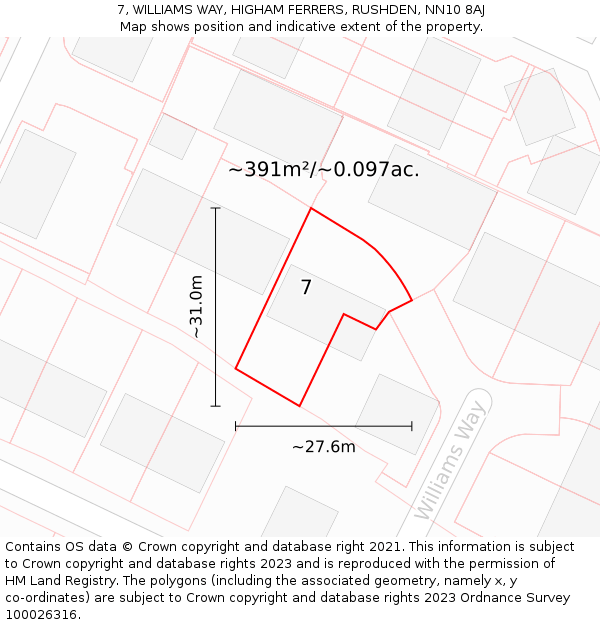 7, WILLIAMS WAY, HIGHAM FERRERS, RUSHDEN, NN10 8AJ: Plot and title map