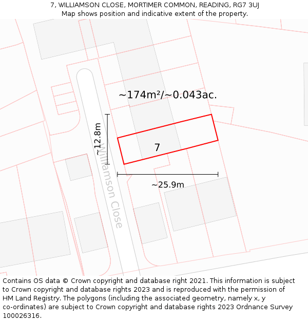 7, WILLIAMSON CLOSE, MORTIMER COMMON, READING, RG7 3UJ: Plot and title map