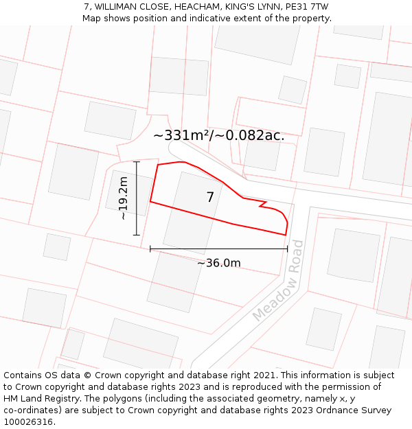 7, WILLIMAN CLOSE, HEACHAM, KING'S LYNN, PE31 7TW: Plot and title map