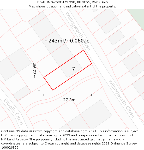 7, WILLINGWORTH CLOSE, BILSTON, WV14 9YQ: Plot and title map
