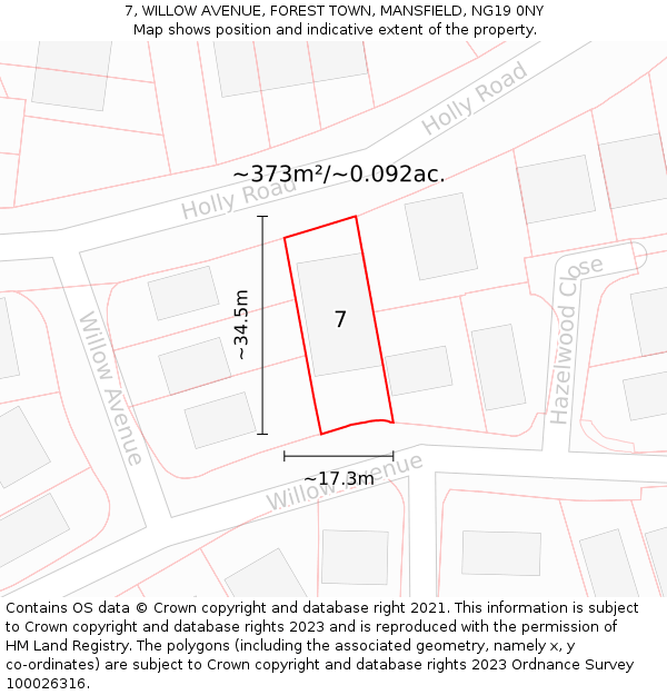 7, WILLOW AVENUE, FOREST TOWN, MANSFIELD, NG19 0NY: Plot and title map
