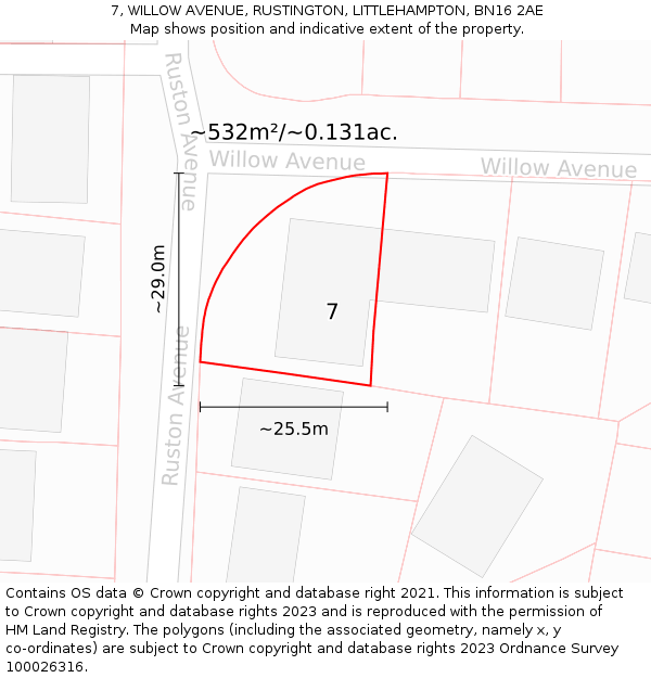 7, WILLOW AVENUE, RUSTINGTON, LITTLEHAMPTON, BN16 2AE: Plot and title map