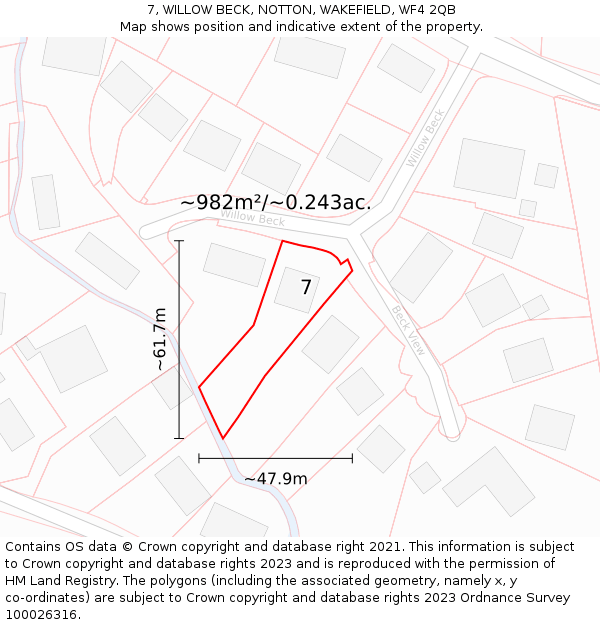 7, WILLOW BECK, NOTTON, WAKEFIELD, WF4 2QB: Plot and title map