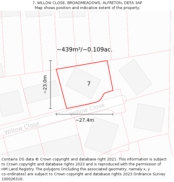 7, WILLOW CLOSE, BROADMEADOWS, ALFRETON, DE55 3AP: Plot and title map