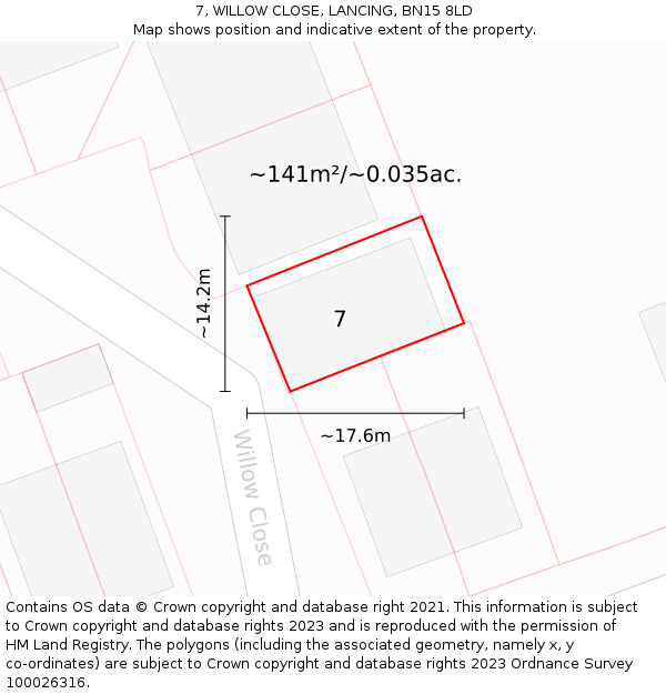 7, WILLOW CLOSE, LANCING, BN15 8LD: Plot and title map
