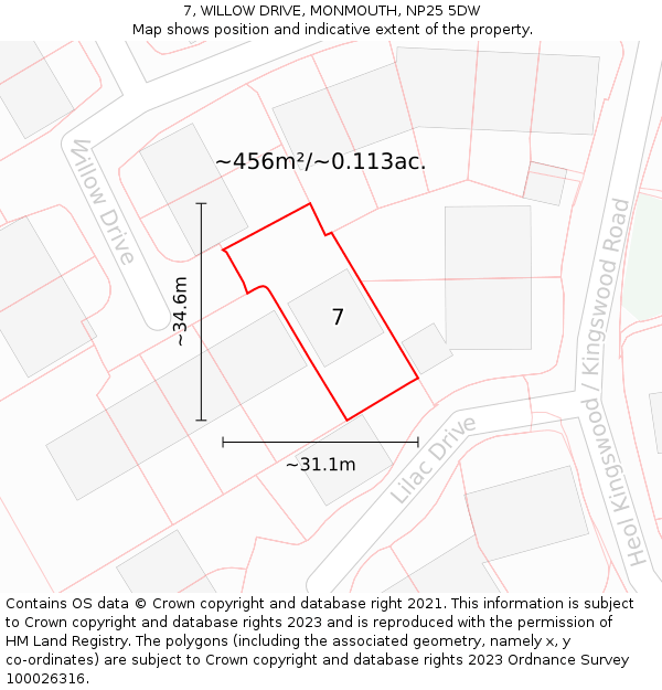 7, WILLOW DRIVE, MONMOUTH, NP25 5DW: Plot and title map