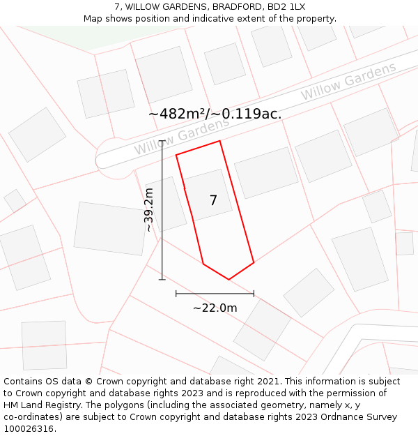 7, WILLOW GARDENS, BRADFORD, BD2 1LX: Plot and title map