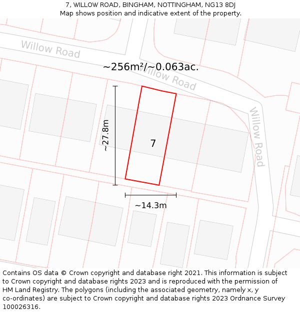 7, WILLOW ROAD, BINGHAM, NOTTINGHAM, NG13 8DJ: Plot and title map