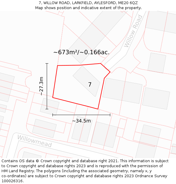 7, WILLOW ROAD, LARKFIELD, AYLESFORD, ME20 6QZ: Plot and title map