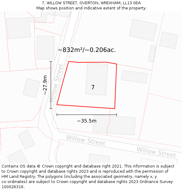 7, WILLOW STREET, OVERTON, WREXHAM, LL13 0EA: Plot and title map