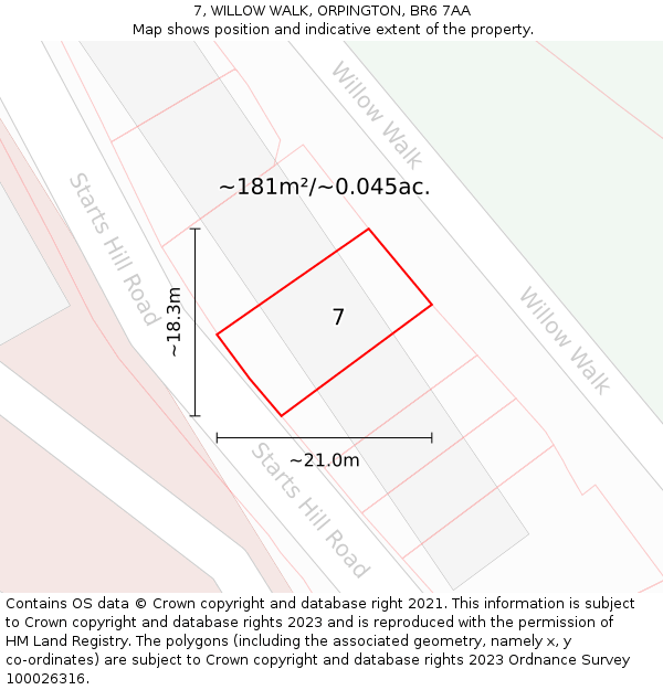7, WILLOW WALK, ORPINGTON, BR6 7AA: Plot and title map