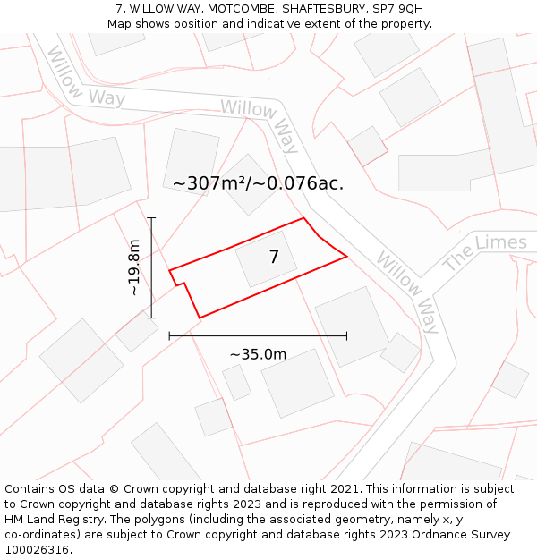 7, WILLOW WAY, MOTCOMBE, SHAFTESBURY, SP7 9QH: Plot and title map