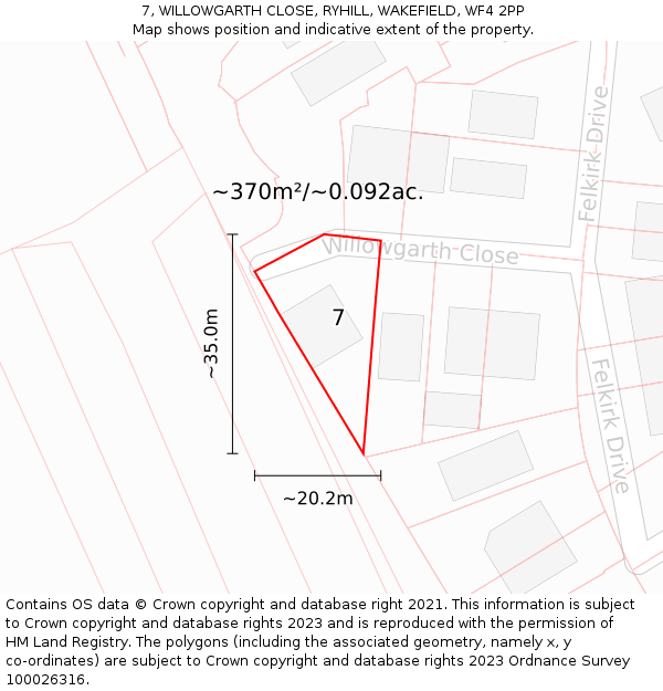 7, WILLOWGARTH CLOSE, RYHILL, WAKEFIELD, WF4 2PP: Plot and title map