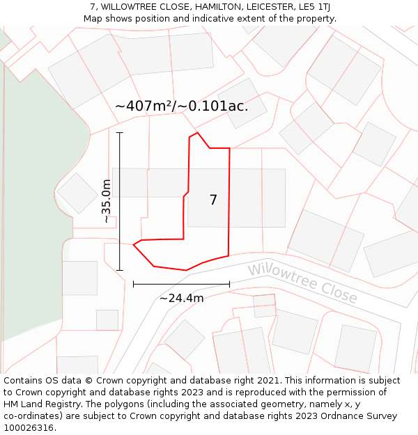 7, WILLOWTREE CLOSE, HAMILTON, LEICESTER, LE5 1TJ: Plot and title map