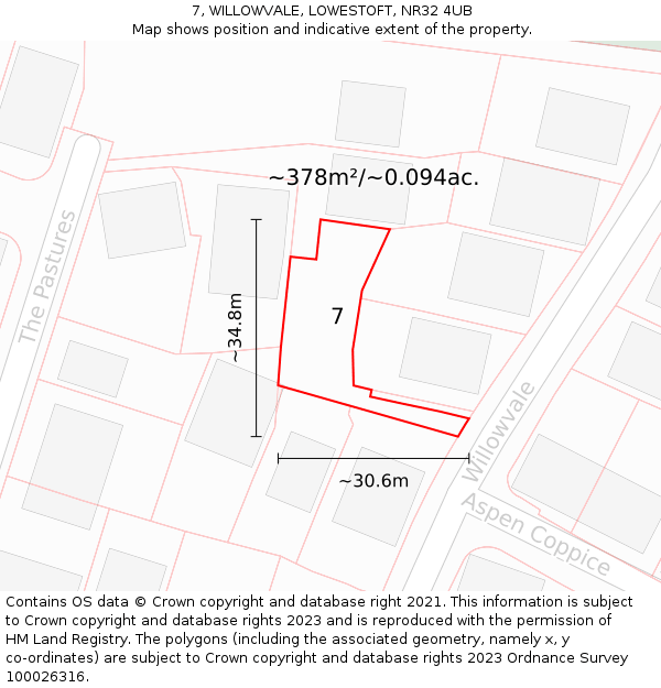 7, WILLOWVALE, LOWESTOFT, NR32 4UB: Plot and title map