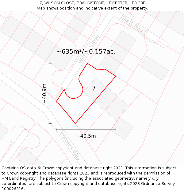 7, WILSON CLOSE, BRAUNSTONE, LEICESTER, LE3 3RF: Plot and title map