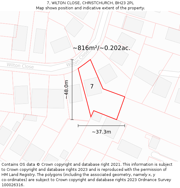 7, WILTON CLOSE, CHRISTCHURCH, BH23 2PL: Plot and title map