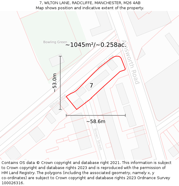 7, WILTON LANE, RADCLIFFE, MANCHESTER, M26 4AB: Plot and title map