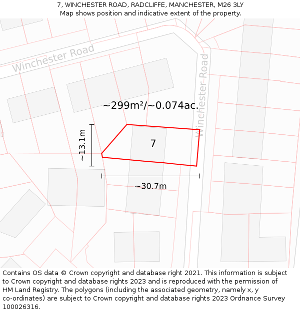 7, WINCHESTER ROAD, RADCLIFFE, MANCHESTER, M26 3LY: Plot and title map