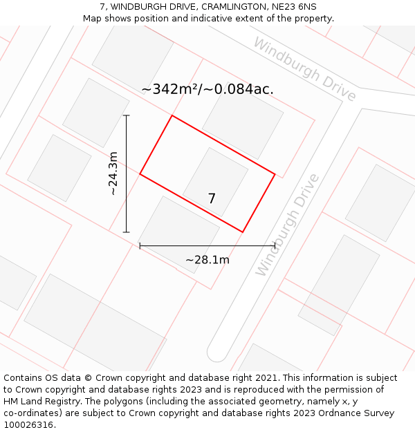 7, WINDBURGH DRIVE, CRAMLINGTON, NE23 6NS: Plot and title map