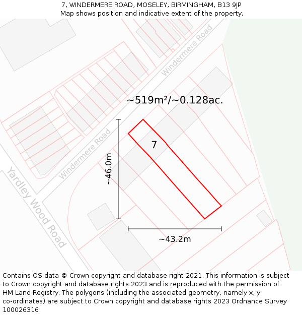 7, WINDERMERE ROAD, MOSELEY, BIRMINGHAM, B13 9JP: Plot and title map