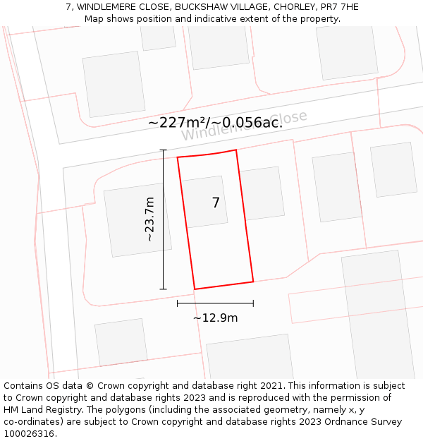 7, WINDLEMERE CLOSE, BUCKSHAW VILLAGE, CHORLEY, PR7 7HE: Plot and title map