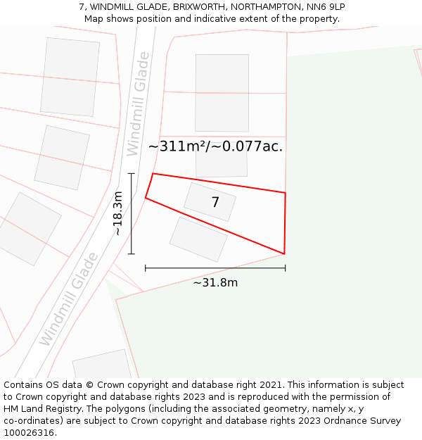 7, WINDMILL GLADE, BRIXWORTH, NORTHAMPTON, NN6 9LP: Plot and title map