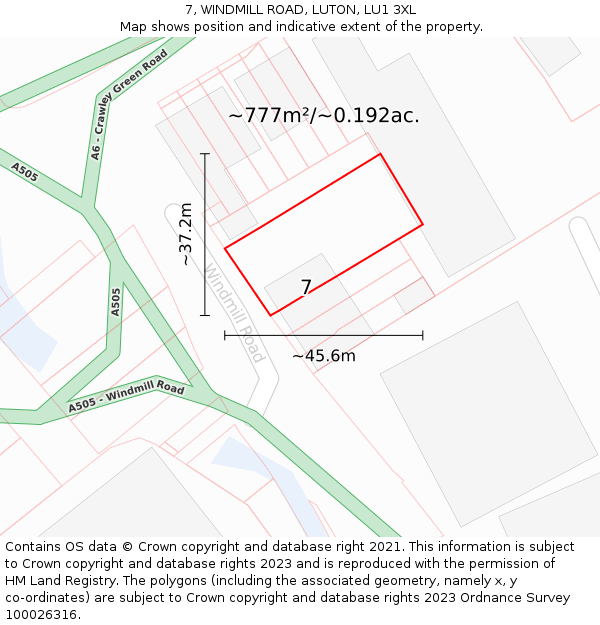 7, WINDMILL ROAD, LUTON, LU1 3XL: Plot and title map