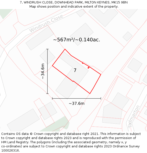 7, WINDRUSH CLOSE, DOWNHEAD PARK, MILTON KEYNES, MK15 9BN: Plot and title map