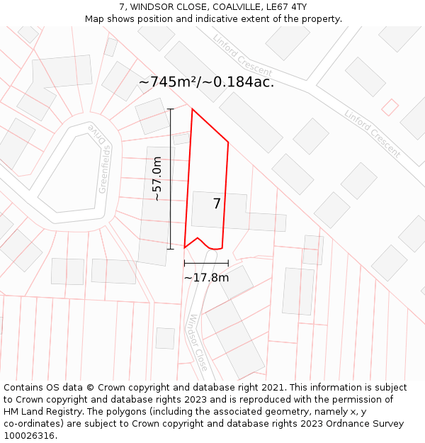 7, WINDSOR CLOSE, COALVILLE, LE67 4TY: Plot and title map