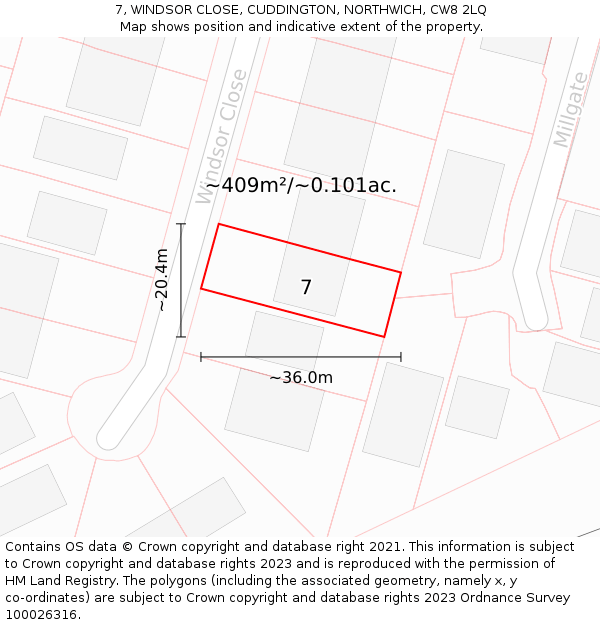 7, WINDSOR CLOSE, CUDDINGTON, NORTHWICH, CW8 2LQ: Plot and title map