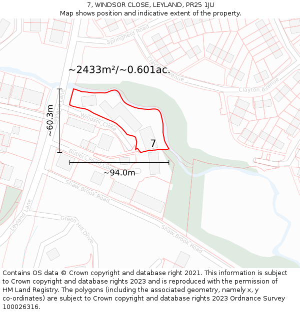 7, WINDSOR CLOSE, LEYLAND, PR25 1JU: Plot and title map