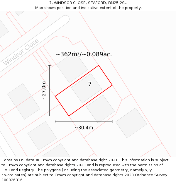 7, WINDSOR CLOSE, SEAFORD, BN25 2SU: Plot and title map
