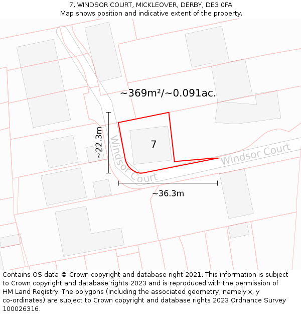 7, WINDSOR COURT, MICKLEOVER, DERBY, DE3 0FA: Plot and title map